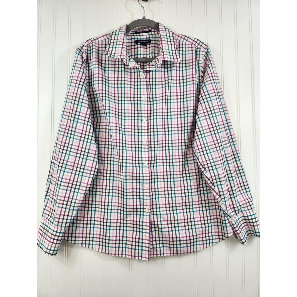 Lands End Womens 100% Supima Cotton Plaid Button Down Shirt 16 Pink Teal Casual